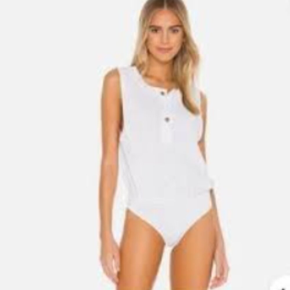 Free People Intimately Peek Aye Bodysuit White Button Sleeveless Waffle Thermal